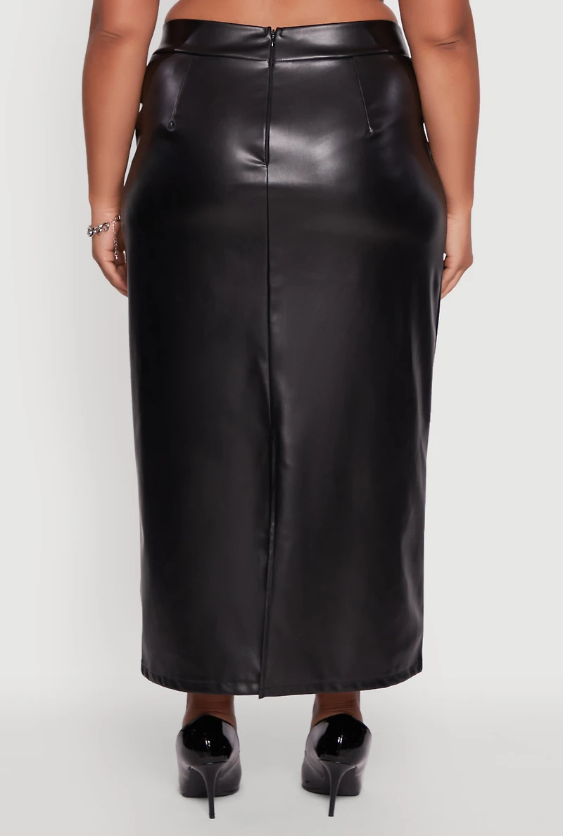 Womens Plus High Waist Faux Leather Maxi Skirt with Zip Back,