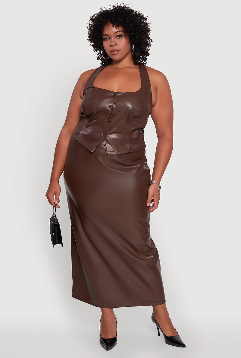 Womens Plus Size High Waist Faux Leather Maxi Skirt with Zip Back, Brown, Size 2X