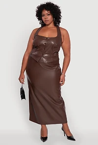 Womens Plus Size High Waist Faux Leather Maxi Skirt with Zip Back, Brown, Size 2X