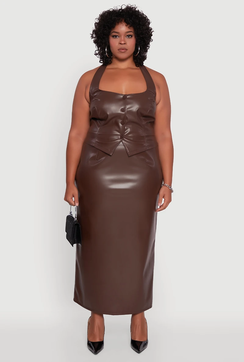 Womens Plus Size High Waist Faux Leather Maxi Skirt with Zip Back, Brown, Size 2X