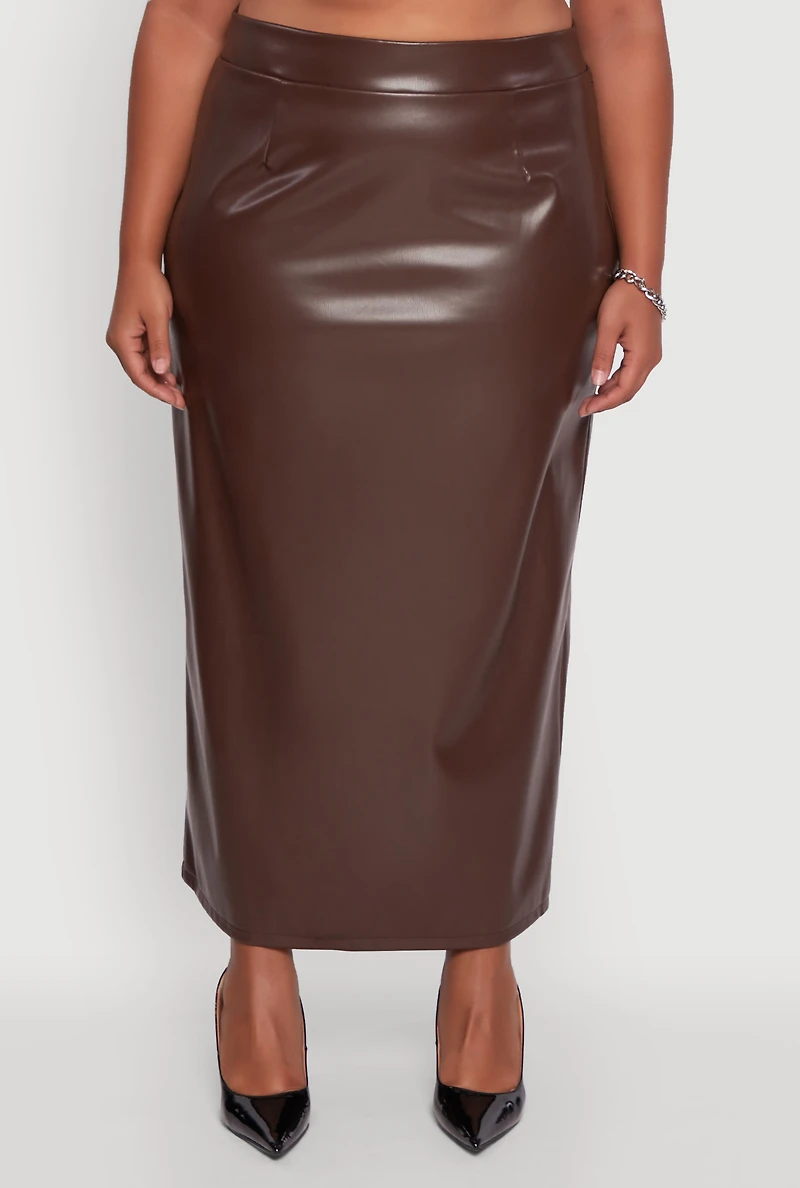 Womens Plus Size High Waist Faux Leather Maxi Skirt with Zip Back, Brown, Size 2X