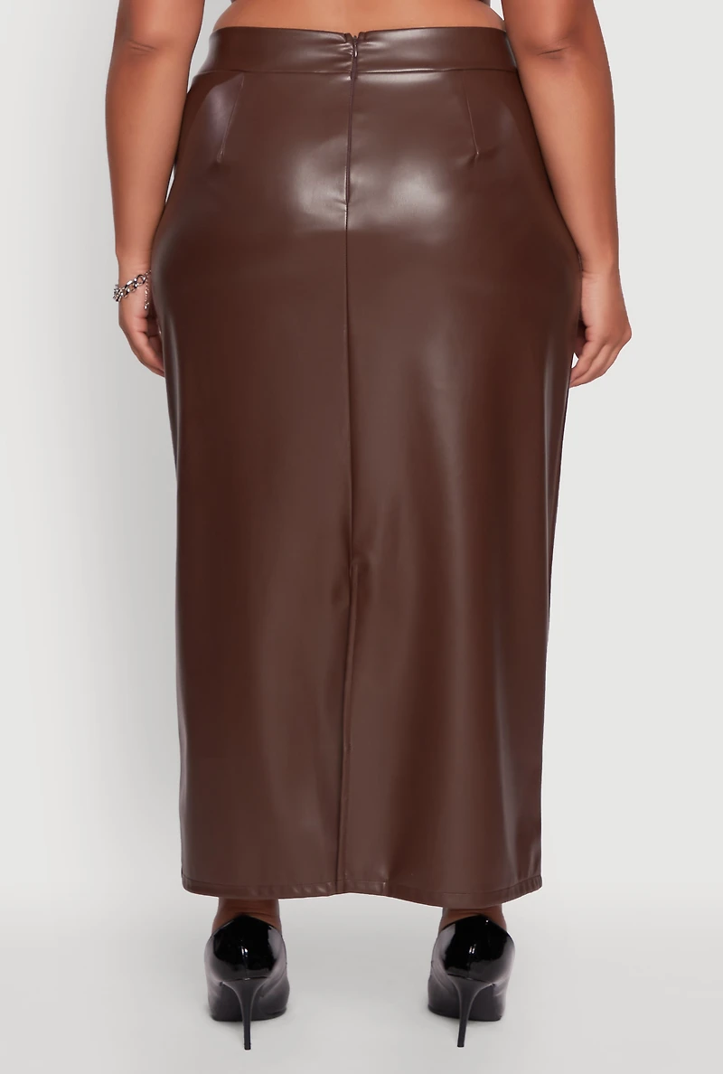 Womens Plus Size High Waist Faux Leather Maxi Skirt with Zip Back, Brown, Size 2X