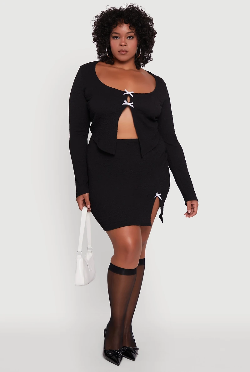 Womens Plus Size Textured Knit Cropped Blouse with Slit Front, Black, Size 2X