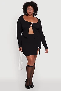 Womens Plus Size Textured Knit Cropped Blouse with Slit Front, Black, Size 2X