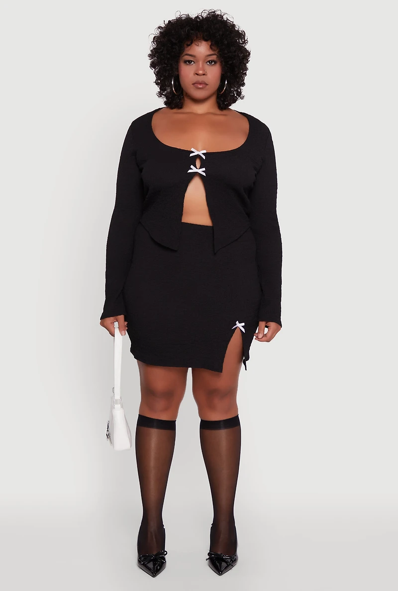 Womens Plus Size Textured Knit Cropped Blouse with Slit Front, Black, Size 2X