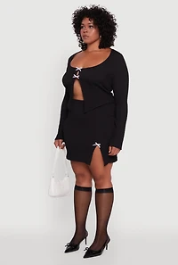 Womens Plus Size Textured Knit Cropped Blouse with Slit Front, Black, Size 2X