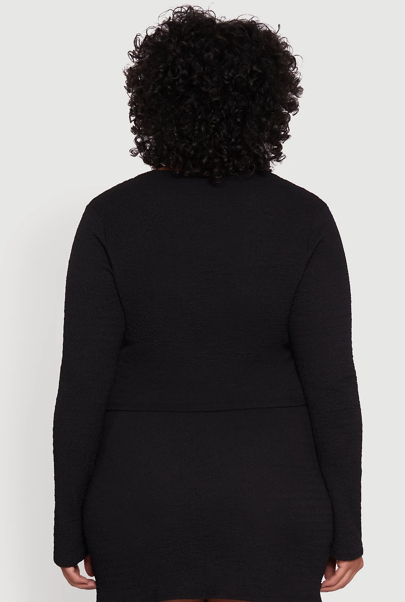 Womens Plus Size Textured Knit Cropped Blouse with Slit Front, Black, Size 2X