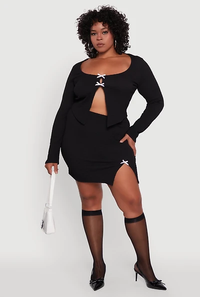 Womens Plus Size High Waisted Side Slit Bow Detail Mini Skirt, Black, Size 3X