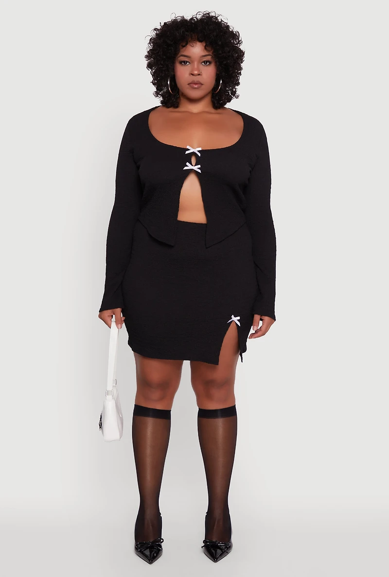 Womens Plus Size High Waisted Side Slit Bow Detail Mini Skirt, Black, Size 3X