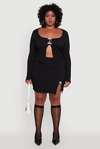 Womens Plus Size High Waisted Side Slit Bow Detail Mini Skirt, Black, Size 3X