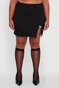 Womens Plus Size High Waisted Side Slit Bow Detail Mini Skirt, Black, Size 3X