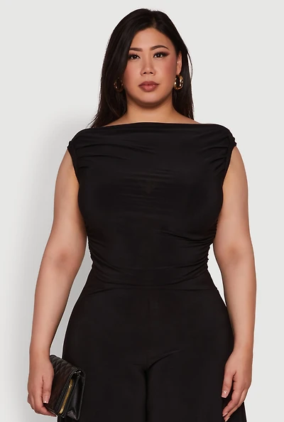Womens Plus Size Chic Sleeveless Boat Neck Top with Ruching and Cropped Hem, Black, Size 2X