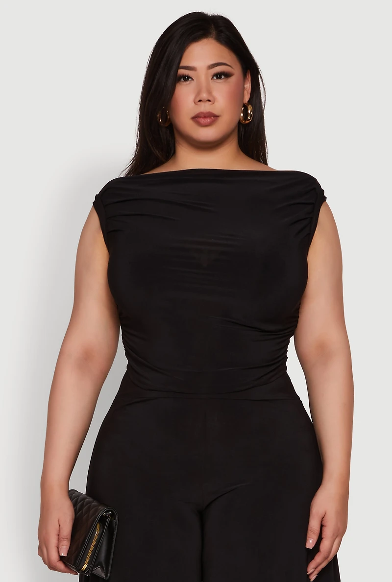Womens Plus Chic Sleeveless Boat Neck Top with Ruching and Cropped Hem,