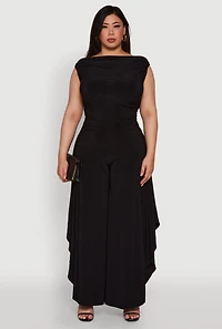 Womens Plus Chic Sleeveless Boat Neck Top with Ruching and Cropped Hem,