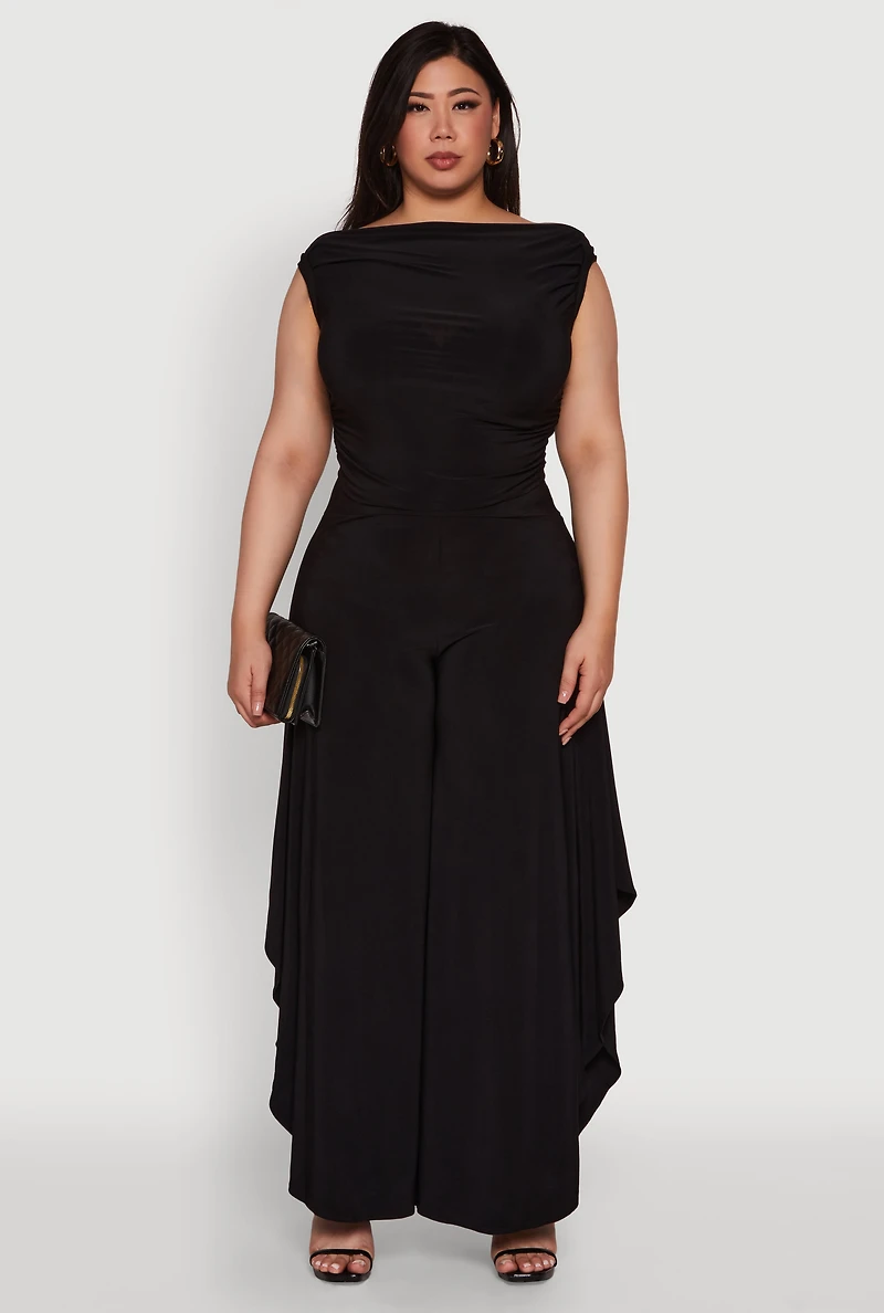 Womens Plus Size Chic Sleeveless Boat Neck Top with Ruching and Cropped Hem, Black, Size 1X