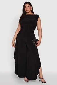 Womens Plus Size Chic Sleeveless Boat Neck Top with Ruching and Cropped Hem, Black, Size 1X