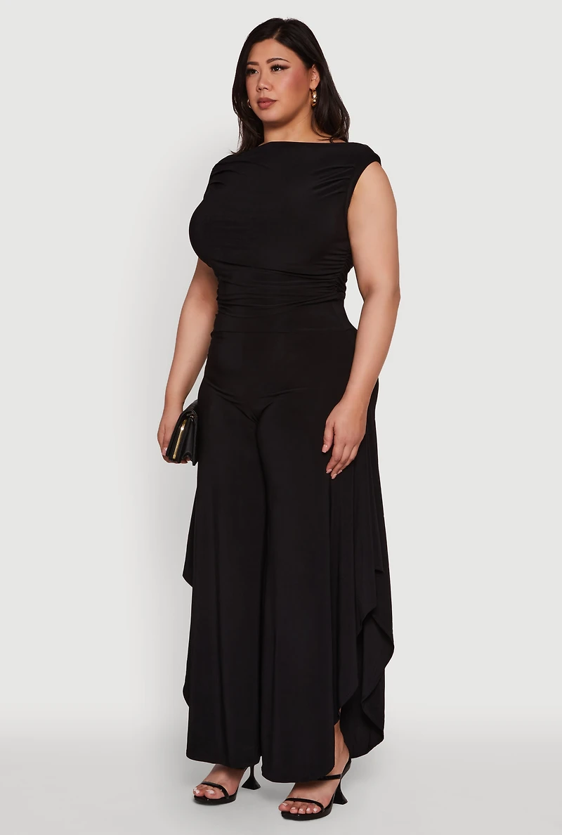 Womens Plus Size Chic Sleeveless Boat Neck Top with Ruching and Cropped Hem, Black, Size 1X