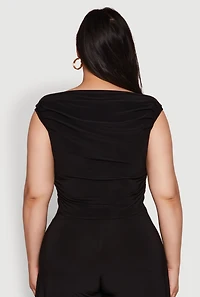 Womens Plus Chic Sleeveless Boat Neck Top with Ruching and Cropped Hem,