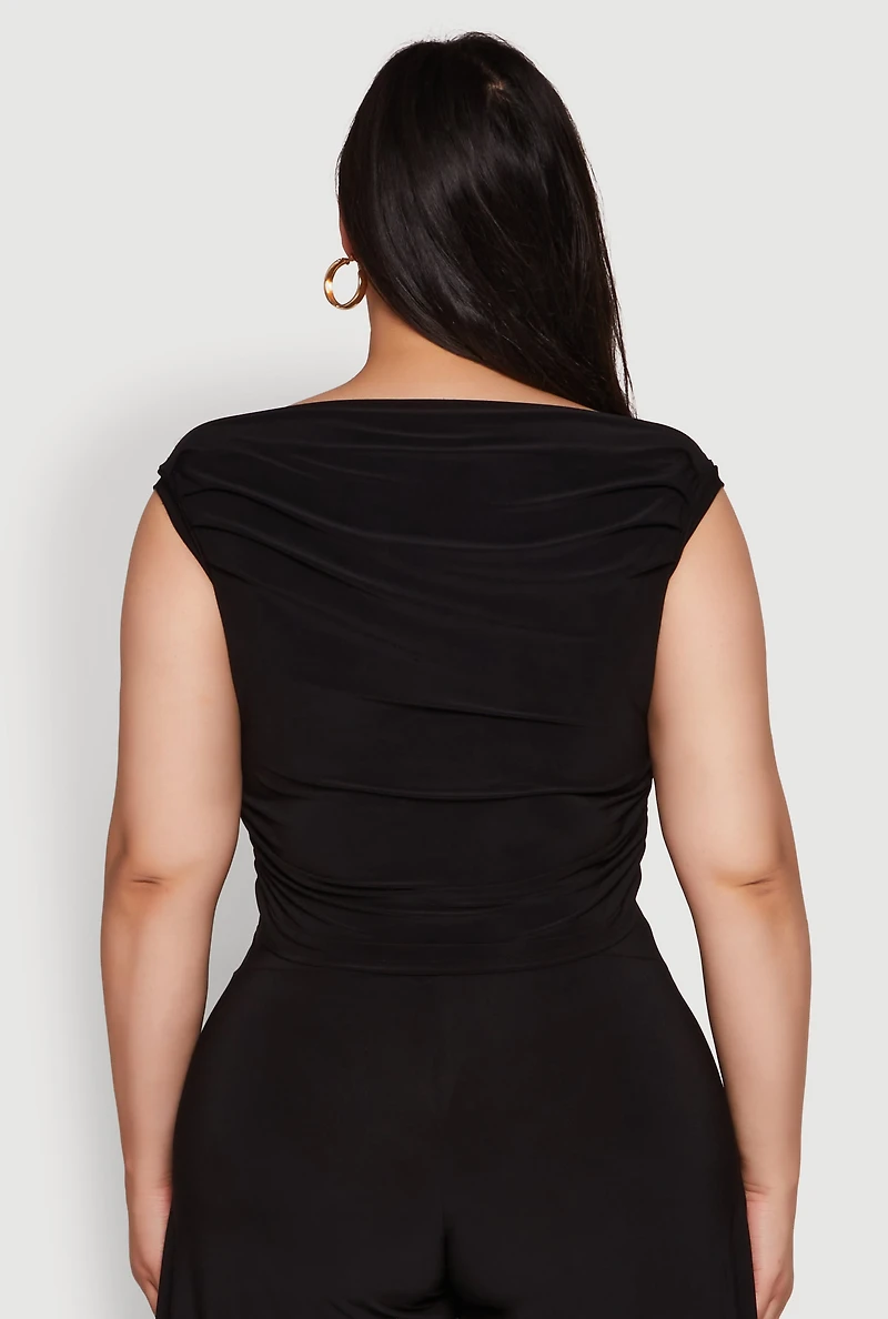 Womens Plus Size Chic Sleeveless Boat Neck Top with Ruching and Cropped Hem, Black, Size 1X