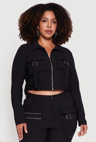 Womens Plus Size Hyper Stretch Zip Front Cropped Jacket, Black, Size 1X