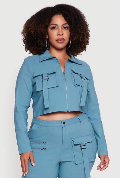 Womens Plus Hyper Stretch Zip Front Cropped Jacket, Blue,