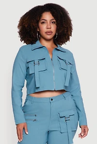Womens Plus Hyper Stretch Zip Front Cropped Jacket, Blue,