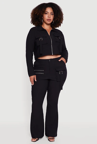 Womens Plus Zip Detail Flare Leg Pants with Cargo Pocket,
