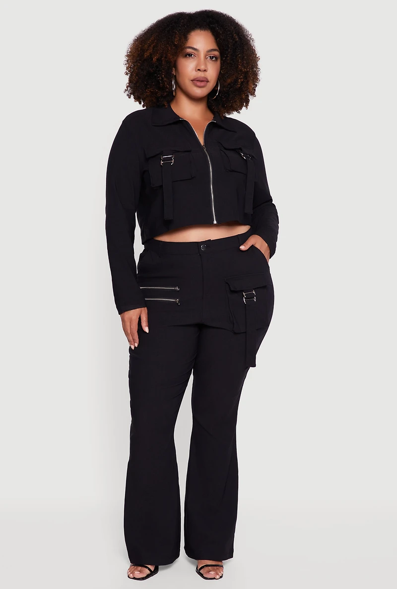 Womens Plus Size Zip Detail Flare Leg Pants with Cargo Pocket, Black, Size 2X