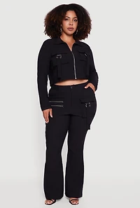 Womens Plus Size Zip Detail Flare Leg Pants with Cargo Pocket, Black, Size 2X