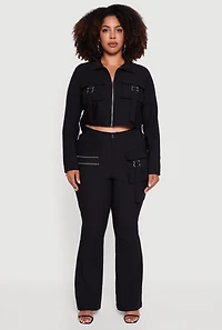 Womens Plus Size Zip Detail Flare Leg Pants with Cargo Pocket, Black, Size 3X
