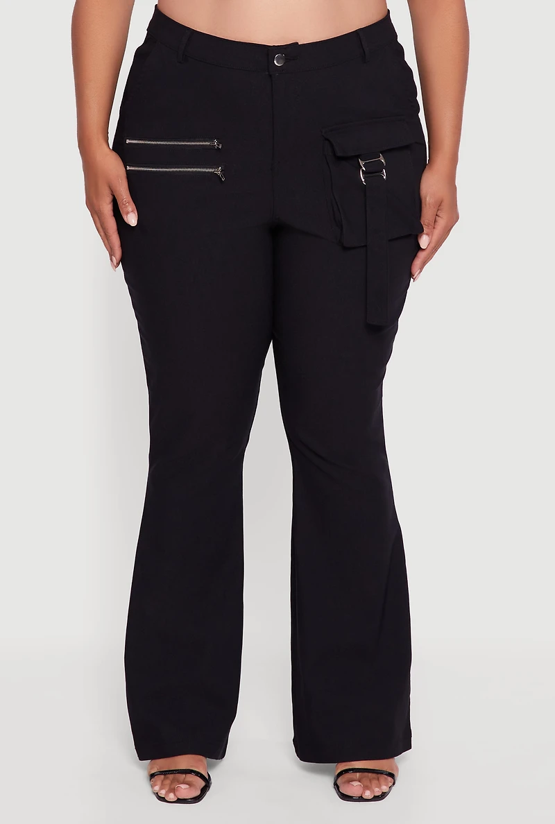Womens Plus Size Zip Detail Flare Leg Pants with Cargo Pocket, Black, Size 2X
