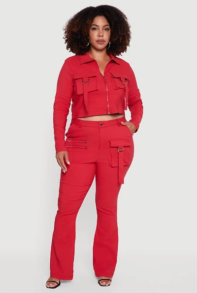 Womens Plus Zip Detail Flare Leg Pants with Cargo Pocket, Red,
