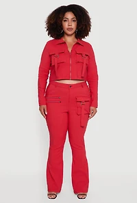 Womens Plus Zip Detail Flare Leg Pants with Cargo Pocket, Red,