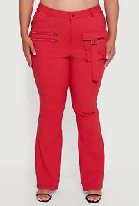 Womens Plus Zip Detail Flare Leg Pants with Cargo Pocket, Red,