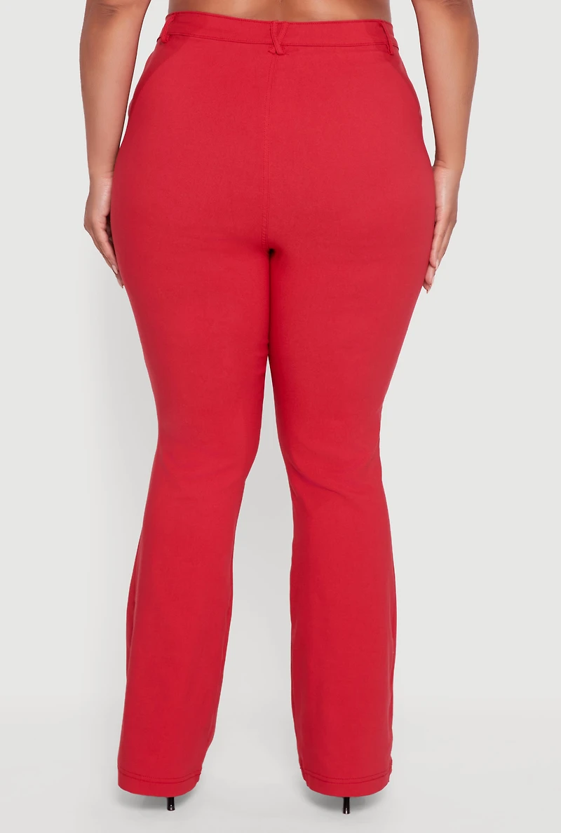Womens Plus Zip Detail Flare Leg Pants with Cargo Pocket, Red,