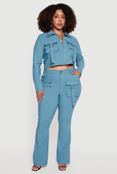 Womens Plus Zip Detail Flare Leg Pants with Cargo Pocket,