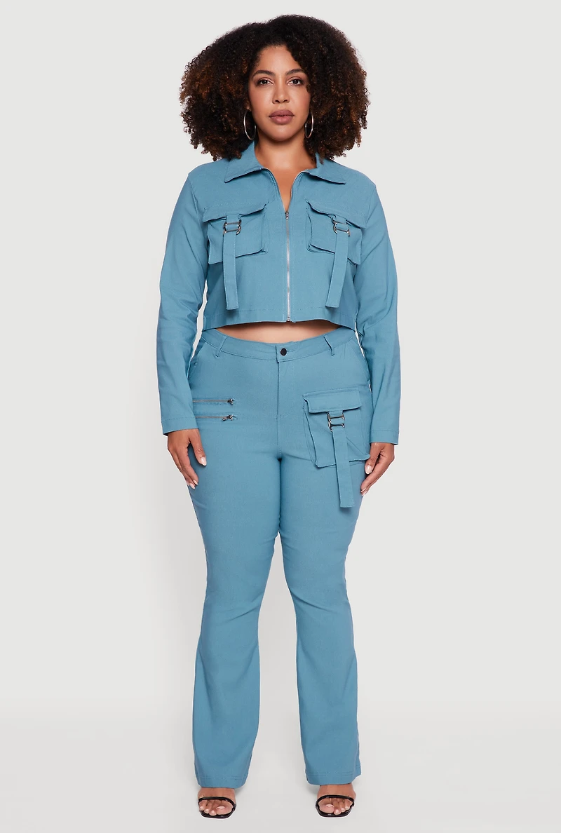 Womens Plus Zip Detail Flare Leg Pants with Cargo Pocket,