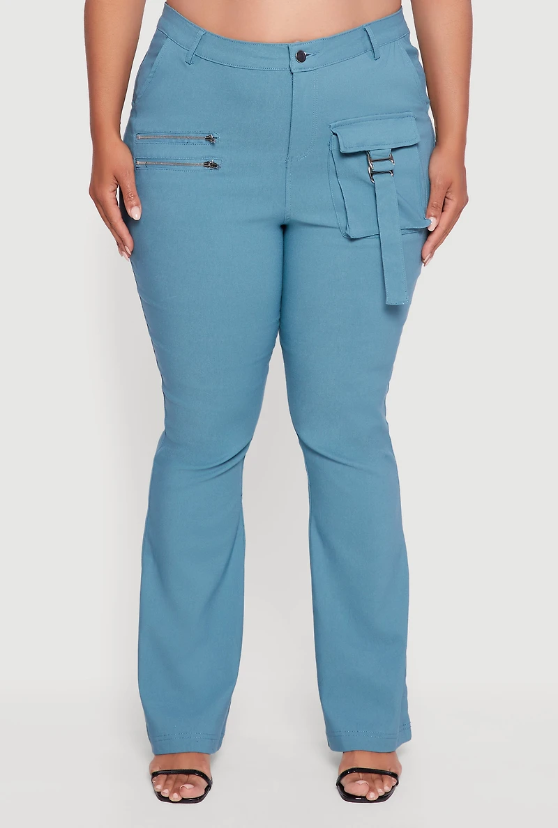 Womens Plus Zip Detail Flare Leg Pants with Cargo Pocket,