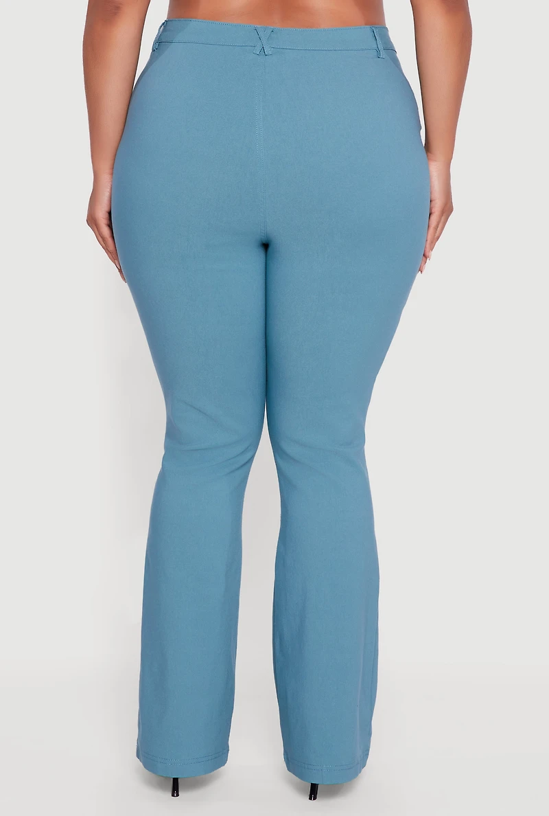 Womens Plus Size Zip Detail Flare Leg Pants with Cargo Pocket, Blue, Size 2X