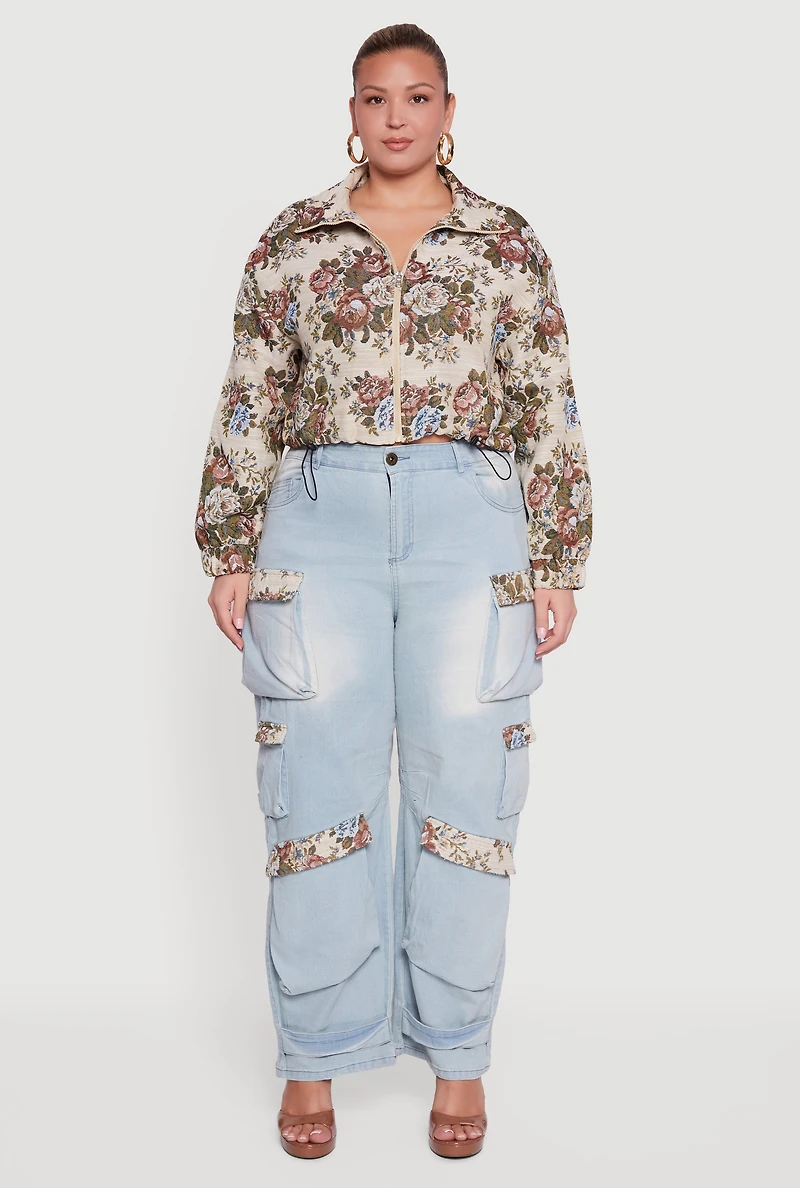 Plus Tapestry Jacquard Trim Cargo Pocket Jeans