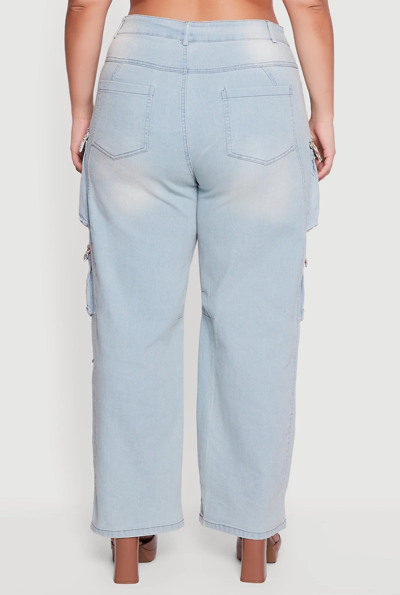 Plus Tapestry Jacquard Trim Cargo Pocket Jeans