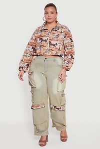 Womens Plus Size Tapestry Jacquard Trim Cargo Pocket Jeans, Multi, Size 1X