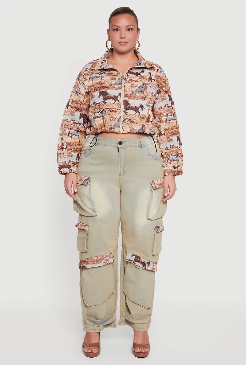 Plus Tapestry Jacquard Trim Cargo Pocket Jeans