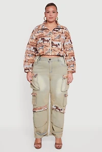 Plus Tapestry Jacquard Trim Cargo Pocket Jeans