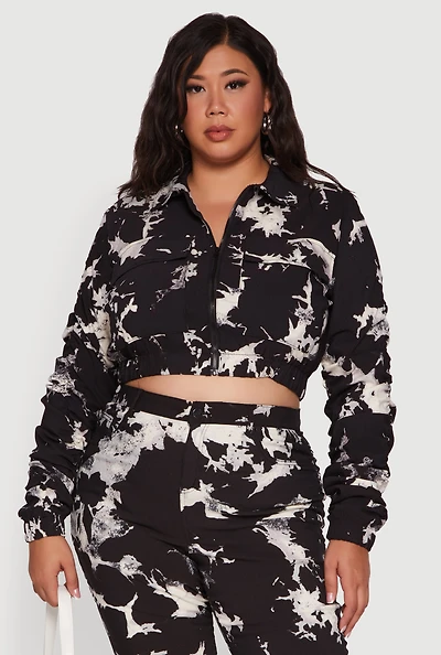 Womens Plus Size Side Ruched Patterned Zip Front Cropped Jacket, Black, Size 3X