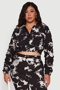 Womens Plus Size Side Ruched Patterned Zip Front Cropped Jacket, Black, Size 3X