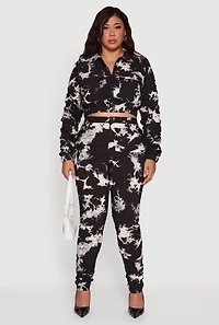 Womens Plus Size Side Ruched Patterned Zip Front Cropped Jacket, Black, Size 3X