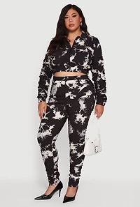 Womens Plus Size Side Ruched Patterned Zip Front Cropped Jacket, Black, Size 3X