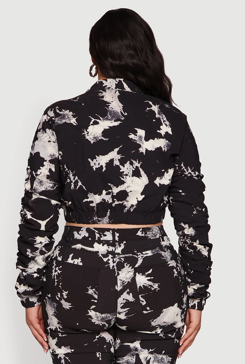 Womens Plus Size Side Ruched Patterned Zip Front Cropped Jacket, Black, Size 3X