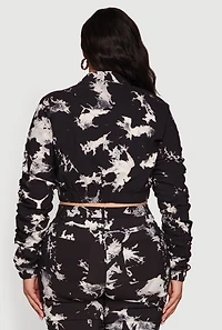 Womens Plus Size Side Ruched Patterned Zip Front Cropped Jacket, Black, Size 3X